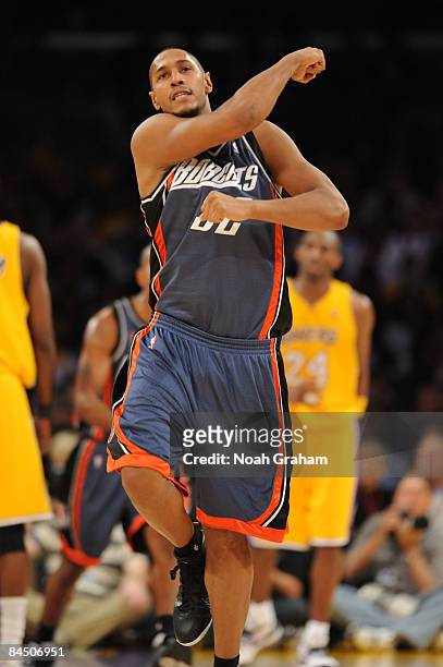Boris Diaw of the Charlotte Bobcats reacts after making a shot against the Los Angeles Lakers at Staples Center on January 27, 2009 in Los Angeles,...
