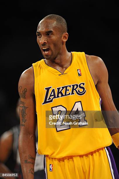 Kobe Bryant of the Los Angeles Lakers reacts during a game against the Charlotte Bobcats at Staples Center on January 27, 2009 in Los Angeles,...
