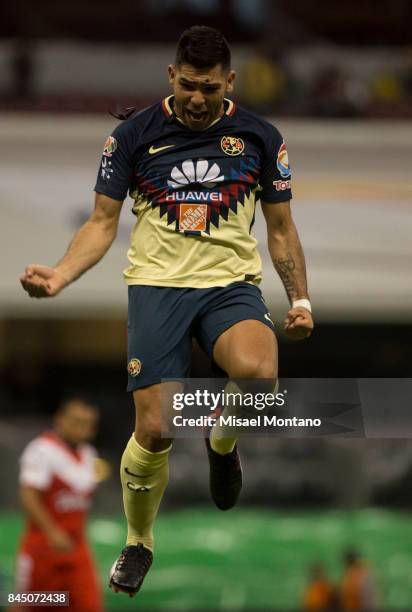 Silvio Romero of America celebrates after scoring the first goal of his team during the 8th round match between America and Veracruz as part of the...