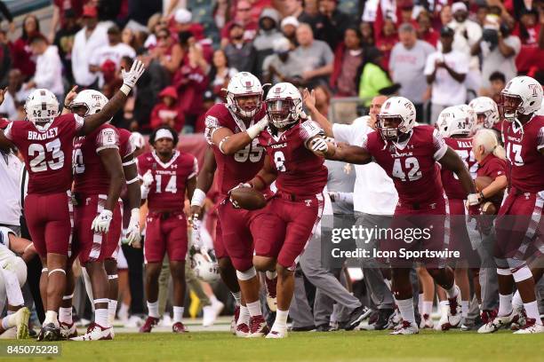 Temple Owls defensive lineman Sharif Finch celebrates his fumble recovery late in the fourth quarter during a NCAA football game between the Temple...