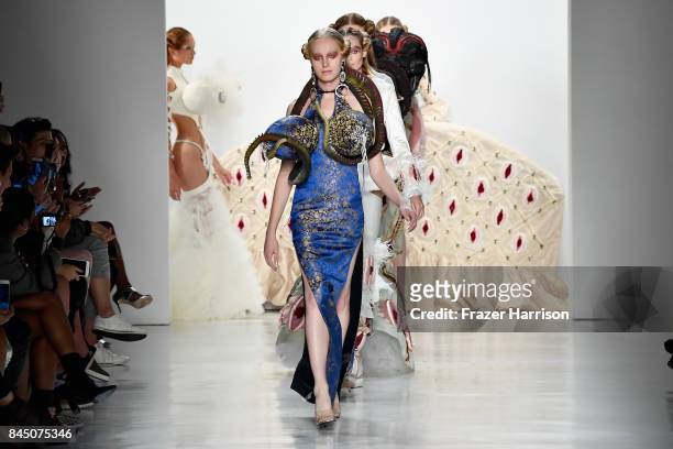 Models walk the runway at the Namilia fashion show during New York Fashion Week: The Shows at Gallery 3, Skylight Clarkson Sq on September 9, 2017 in...