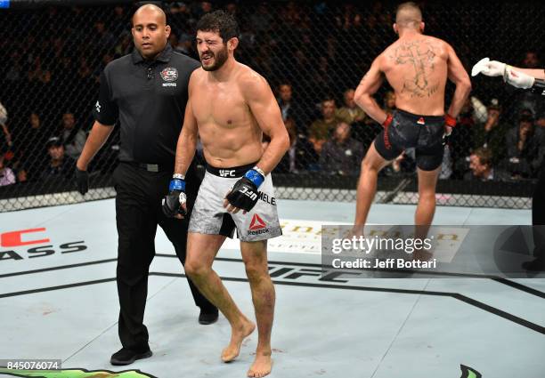 Gilbert Melendez heads to his corner after the second round while facing Jeremy Stephens in their featherweight bout during the UFC 215 event inside...