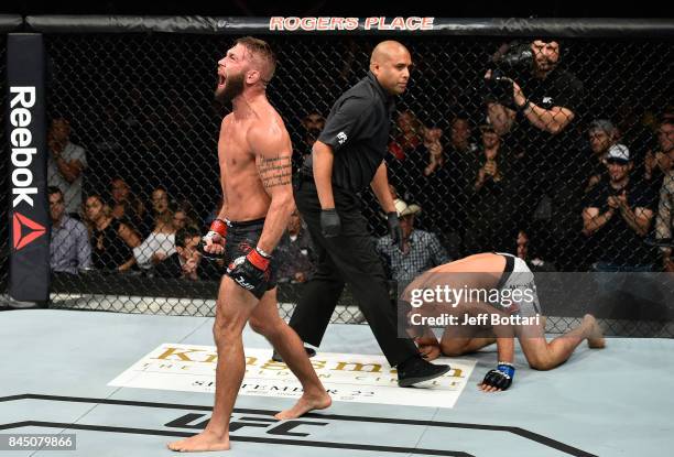 Jeremy Stephens screams after facing Gilbert Melendez in their featherweight bout during the UFC 215 event inside the Rogers Place on September 9,...