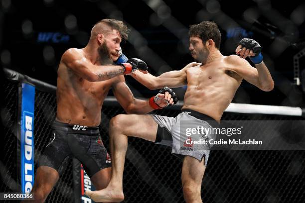 Jeremy Stephens, left, fights Gilbert Melendez during UFC 215 at Rogers Place on September 9, 2017 in Edmonton, Canada.