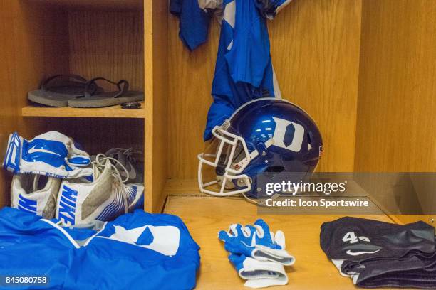 Duke Blue Devils linebacker Joe Giles-Harris gear awaits in the locker room before a college football game between the Northwestern Wildcats and the...