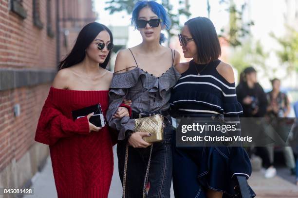 Guests seen in the streets of Manhattan outside Self-Portrait during New York Fashion Week on September 9, 2017 in New York City.
