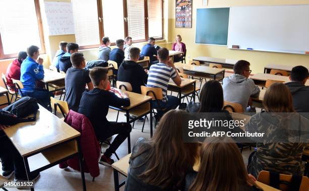 This photograph taken on September 5 shows students attending a class at the Occupational High School "Jajce" in western Bosnian town of Jajce....