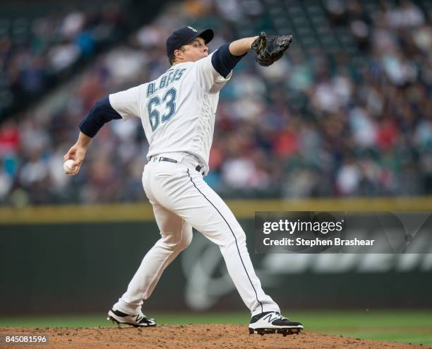 Starter Andrew Albers of the Seattle Mariners delivers a pitch during the third inning of a game against the Los Angeles Angels of Anaheim at Safeco...