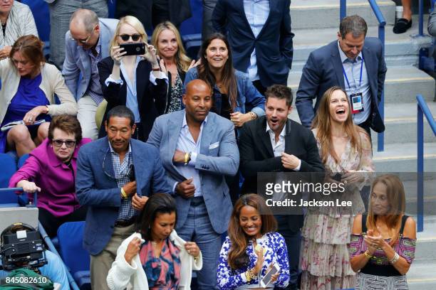 Billie Jean King, Emma Stone Hilary Swank and Philip Schneider attend the 2017 US Open Women's Finals at Arthur Ashe Stadium on September 9, 2017 in...