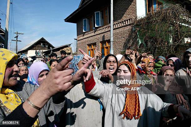 Kashmiri villagers shout pro-freedom slogans following an encounter between Indian security forces and militants in Amargrah Sopore, some 52 kms...