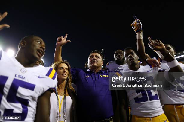 Head coach Ed Orgeron of the LSU Tigers celebrates after a game against the Chattanooga Mocs at Tiger Stadium on September 9, 2017 in Baton Rouge,...