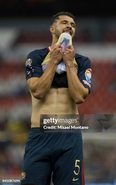 Guido Rodriguez of America reacts after missing a chance to score during the 8th round match between America and Veracruz as part of the Torneo...