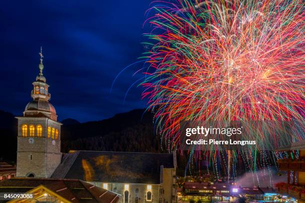 fireworks part of the french national day, bastille day, village of le grand-bornand, in the french alps - le grand bornand fotografías e imágenes de stock