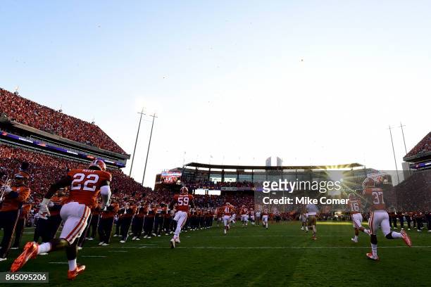 The Clemson Tigers take the field for their football game against the Auburn Tigers at Memorial Stadium on September 9, 2017 in Clemson, South...