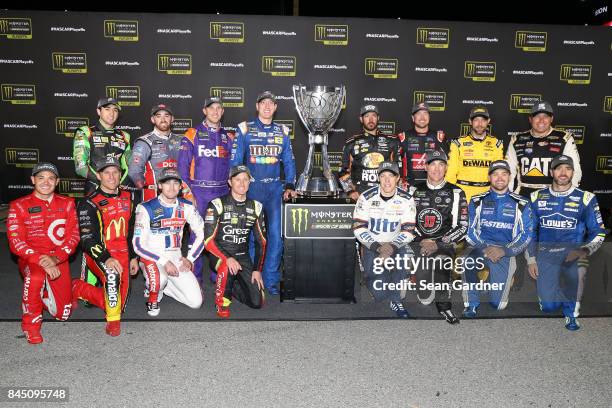 Chase Elliott, driver of the Mountain Dew Chevrolet,, Austin Dillon, driver of the DOW Chevrolet,, Denny Hamlin, driver of the FedEx Express Toyota,...