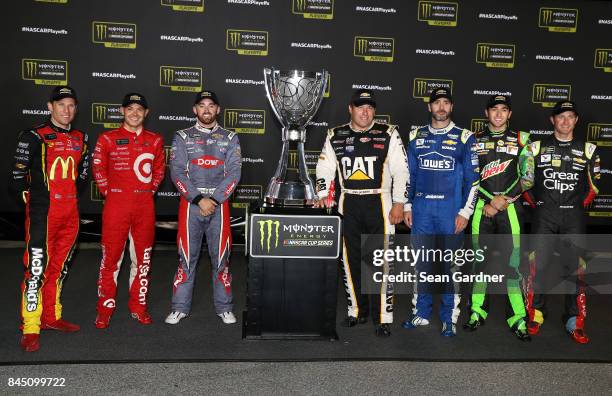 Jamie McMurray, driver of the McDonald's Chevrolet, Kyle Larson, driver of the Target Chevrolet, Austin Dillon, driver of the DOW Chevrolet, Ryan...