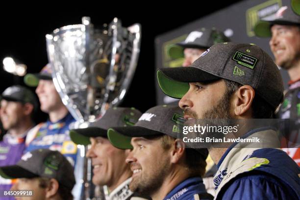 Jimmie Johnson, driver of the Lowe's Chevrolet, Ricky Stenhouse Jr., driver of the Fastenal Ford, Kevin Harvick, driver of the Jimmy John's Ford, and...