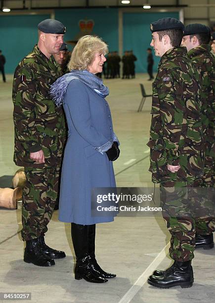 Camilla, Duchess of Cornwall chats to staff as she arrives for a visit to RAF Halton on January 28, 2009 in Aylesbury, England. The Duchess viewed a...