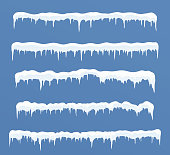 Set of long ice caps. Snowdrifts, icicles, elements winter decor.
