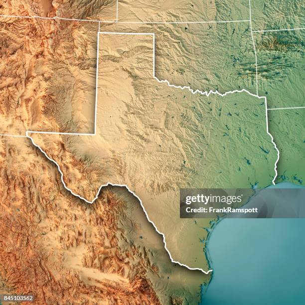 estado de texas usa render 3d mapa topográfico frontera - texas fotografías e imágenes de stock