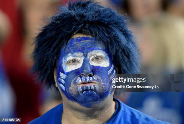 Brigham Young Cougars fan reacts to a first half, first down play by the Utah Utes at LaVell Edwards Stadium on September 9, 2017 in Provo, Utah.