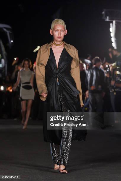 Model walks the runway at Alexander Wang fashion show during New York Fashion Week on September 9, 2017 in the Brooklyn borough of New York City City.