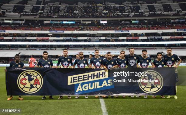 Players of America pose prior the 8th round match between America and Veracruz as part of the Torneo Apertura 2017 Liga MX at Azteca Stadium on...