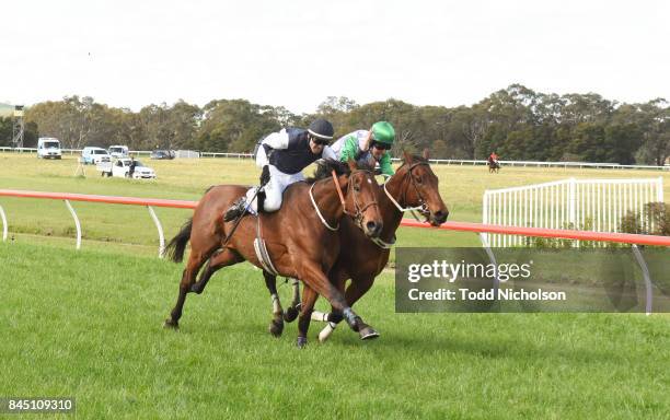 Surging Wave ridden by Clayton Douglas wins the Moredun Hill Open Steeplechase at Casterton Racecoure on September 10, 2017 in Casterton, Australia.