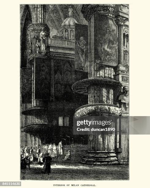 interior of milan cathedral, 19th century - milan cathedral stock illustrations