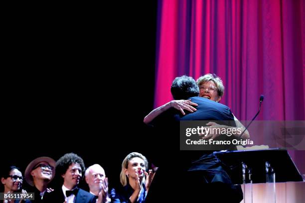 Guillermo del Toro receives the Golden Lion for Best Film Award for 'The Shape Of Water' from 'Venezia 74' jury president Annette Bening during the...