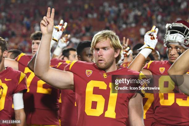 Jake Olson celebrates after a college football game between the Stanford Cardinal and the USC Trojans on September 9 at Los Angeles Memorial Coliseum...