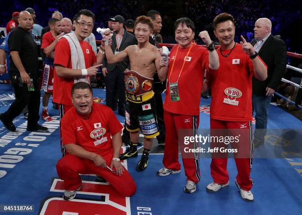 Naoya Inoue of Japan celebrates his victory over Antonio Nieves with his team at StubHub Center on September 9, 2017 in Carson, California.