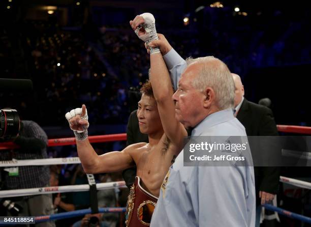 Naoya Inoue of Japan celebrates his victory over Antonio Nieves at StubHub Center on September 9, 2017 in Carson, California.