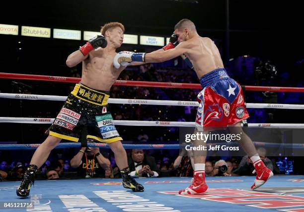 Naoya Inoue of Japan throws a left hand to the head of Antonio Nieves at StubHub Center on September 9, 2017 in Carson, California.