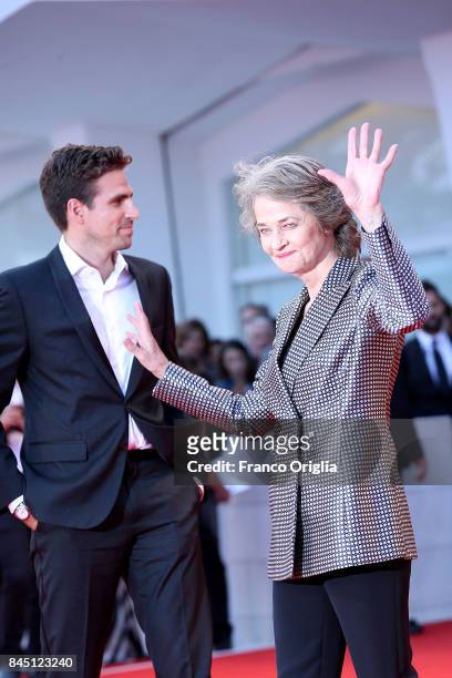 Charlotte Rampling and Andrea Pallaoro arrive at the Award Ceremony during the 74th Venice Film Festival at Sala Grande on September 9, 2017 in...