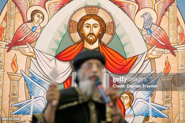 Coptic Pope Tawadros II recites a prayer in the new Cpotic church inside Eporo Tower on September 10, 2017 in Melbourne, Australia. Pope Tawardros II...