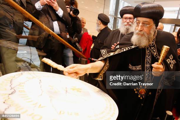 Coptic Pope Tawadros II performs a blessing of the new Coptic church inside Eporo Tower on September 10, 2017 in Melbourne, Australia. Pope Tawardros...