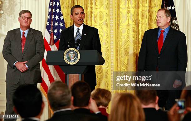 President Barack Obama speaks on the U.S. Economy while flanked by Sam Palmisano, Chairman, CEO and President of IBM and David M. Cote, Chairman and...