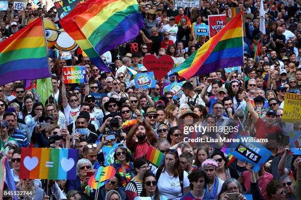 Thousands gather at Sydney Town Hall to support a yes vote for the upcoming same-sex marriage survey on September 10, 2017 in Sydney, Australia. The...
