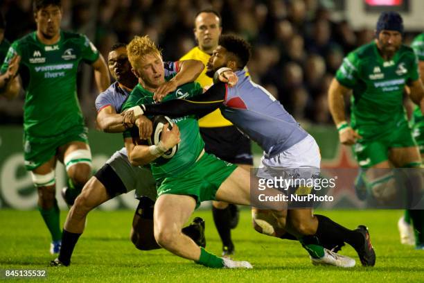 Darragh Leader of Connacht tackled by Kurt Coleman of S.Kings during the Guinness PRO14 rugby match between Connacht Rugby and Southern Kings at the...