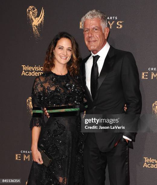 Asia Argento and Anthony Bourdain attend the 2017 Creative Arts Emmy Awards at Microsoft Theater on September 9, 2017 in Los Angeles, California.