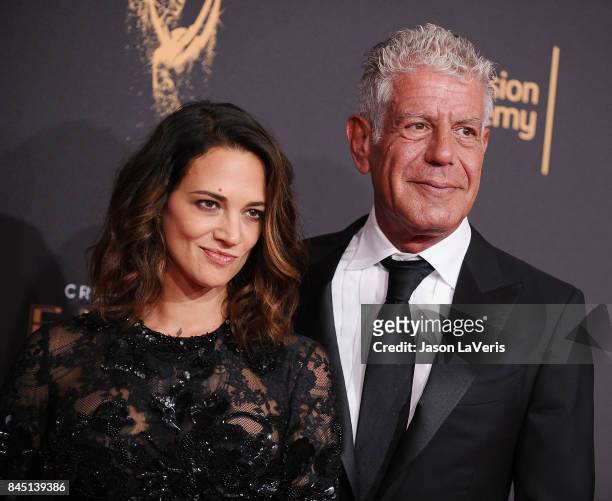 Asia Argento and Anthony Bourdain attend the 2017 Creative Arts Emmy Awards at Microsoft Theater on September 9, 2017 in Los Angeles, California.