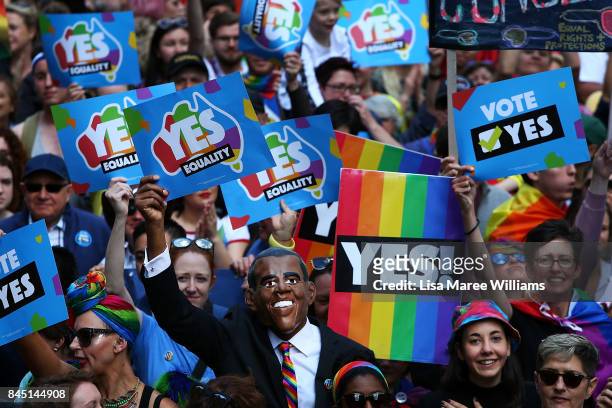Thousands gather at Sydney Town Hall to rally for marriage equality ahead of a national postal survey on September 10, 2017 in Sydney, Australia. The...