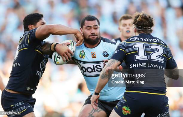 Andrew Fifita of the Sharks is tackled during the NRL Elimination Final match between the Cronulla Sharks and the North Queensland Cowboys at Allianz...