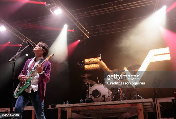 Musicians Rivers Cuomo and Patrick Wilson of Weezer perform at Providence Medical Center Amphitheater on September 9, 2017 in Kansas City, Missouri.