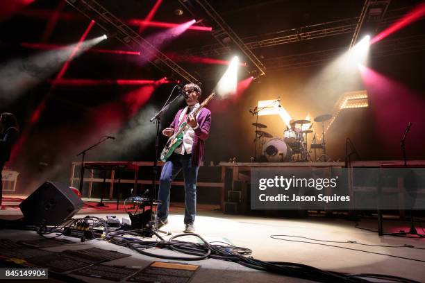 Musicians Rivers Cuomo and Patrick Wilson of Weezer perform at Providence Medical Center Amphitheater on September 9, 2017 in Kansas City, Missouri.