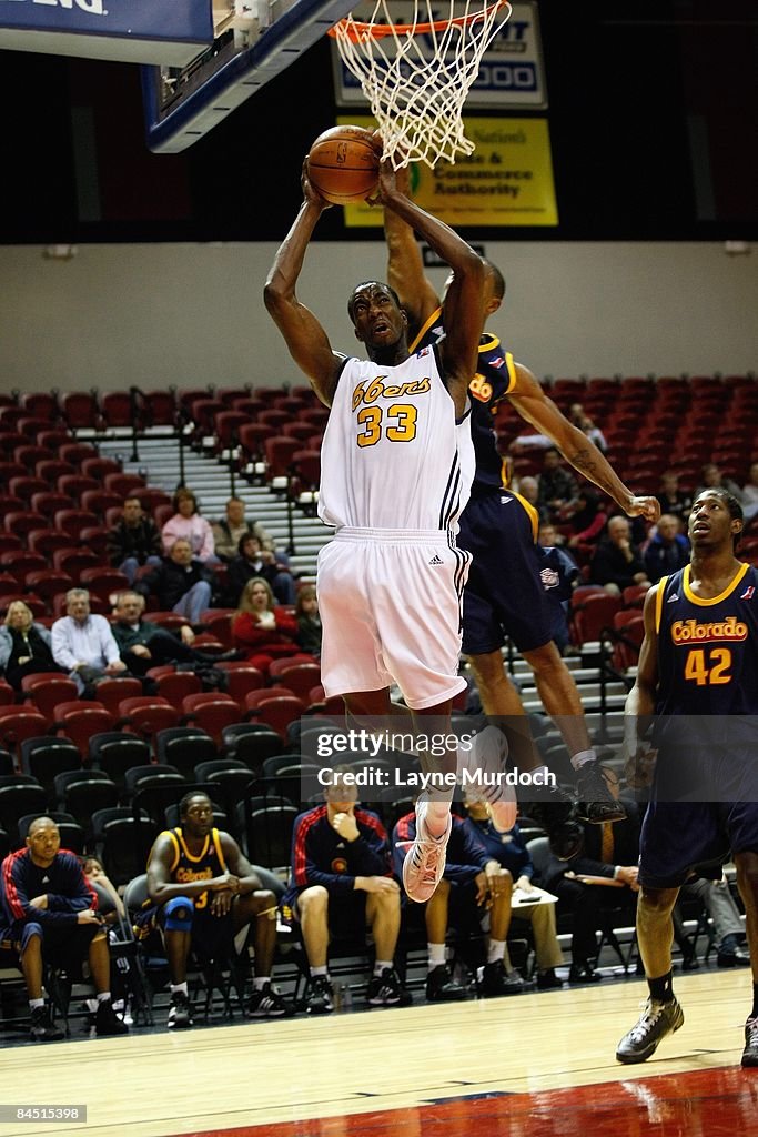 Yemi Ogunoye of the Tulsa 66ers goes to the basket against the... News ...