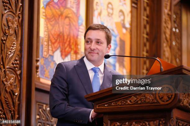 Leader of the Victorian Opposition Matthew Guy greets Coptic Pope Tawadros II at the opening of the new Coptic church inside Eporo Tower on September...