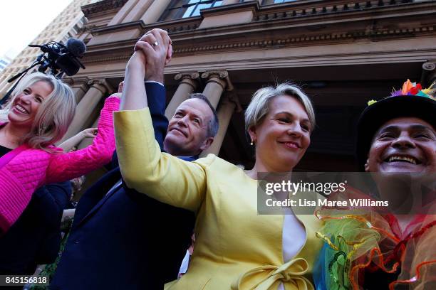 Federal Opposition Leader Bill Shorten and Deputy Leader of the Opposition Tanya Plibersek speak during a rally for marriage equality ahead of a...