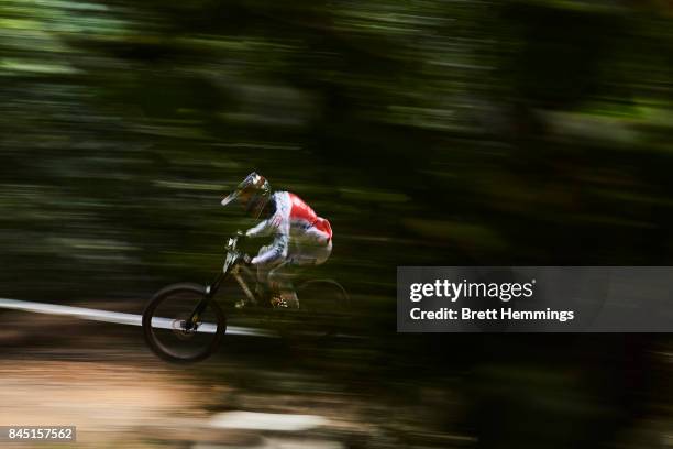 Loic Bruni of France practices in the Elite Mens Downhill Championship during the 2017 Mountain Bike World Championships on September 10, 2017 in...